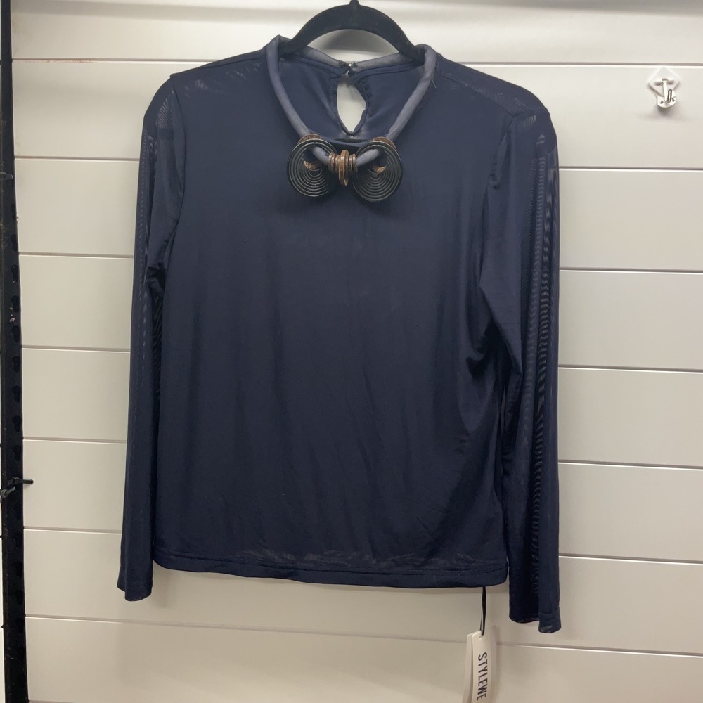Stylewe Navy Blue Mesh Long Sleeve Top with Sculptural Necklace Detail XL NEW